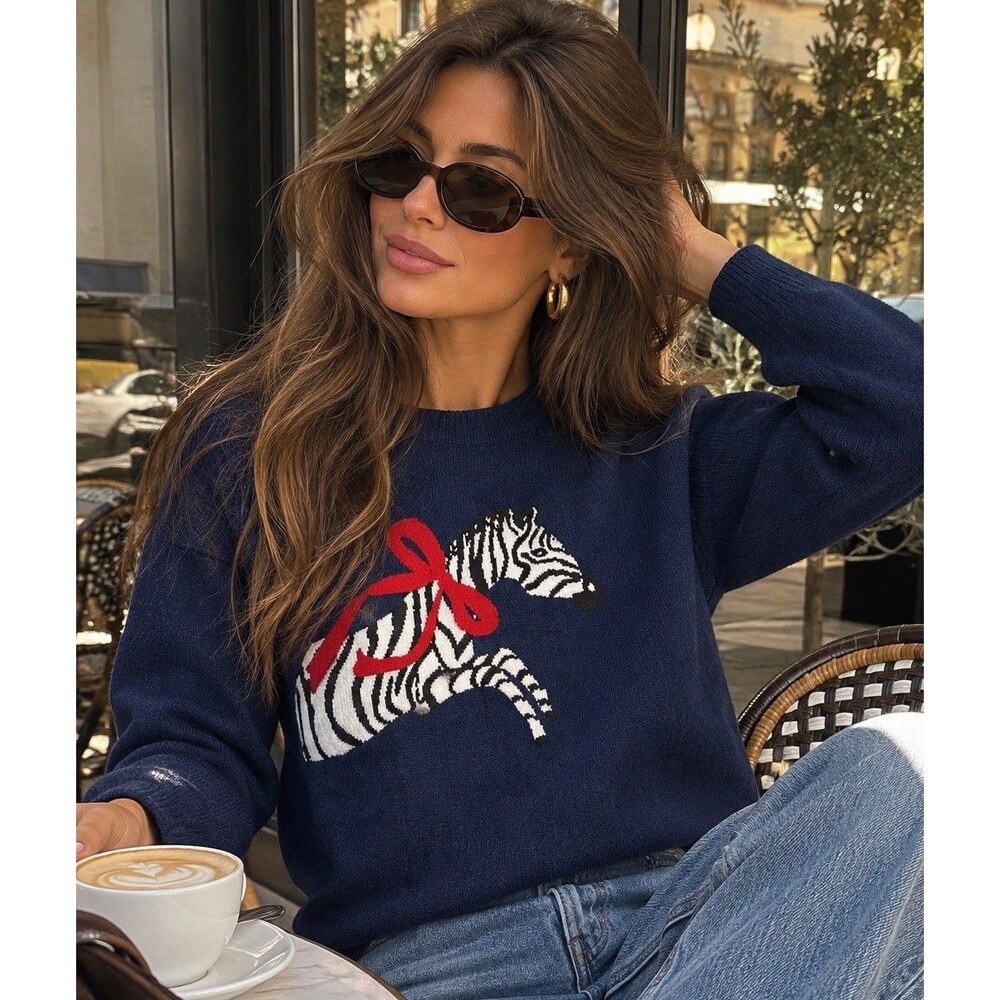 J.Crew Cashmere Sweater WMNS M Navy Zebra Intarsia Crewneck Animal Print Luxury